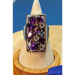 Natural Amethyst, Aquamarine & Swiss Blue Topaz 925 Sterling Silver Ring 7.5